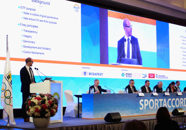 BANGKOK, THAILAND - APRIL 17:  I Trust Sport Founder Rowland Jack addresses during the ASOIF (Association of Summer Olympic International Federations) General Asembly on day three of the SportAccord at Centara Grand & Bangkok Convention Centre on April 17, 2018 in Bangkok, Thailand.  (Photo by Lauren DeCicca/Getty Images)